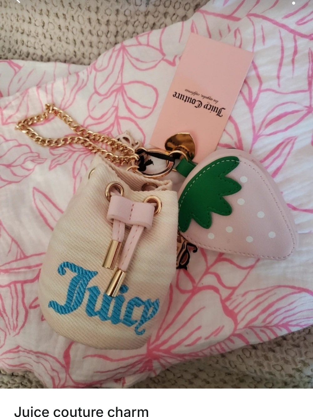 Juicy Couture Pink Strawberry Charm Keychain with Cream Drawstring Pouch